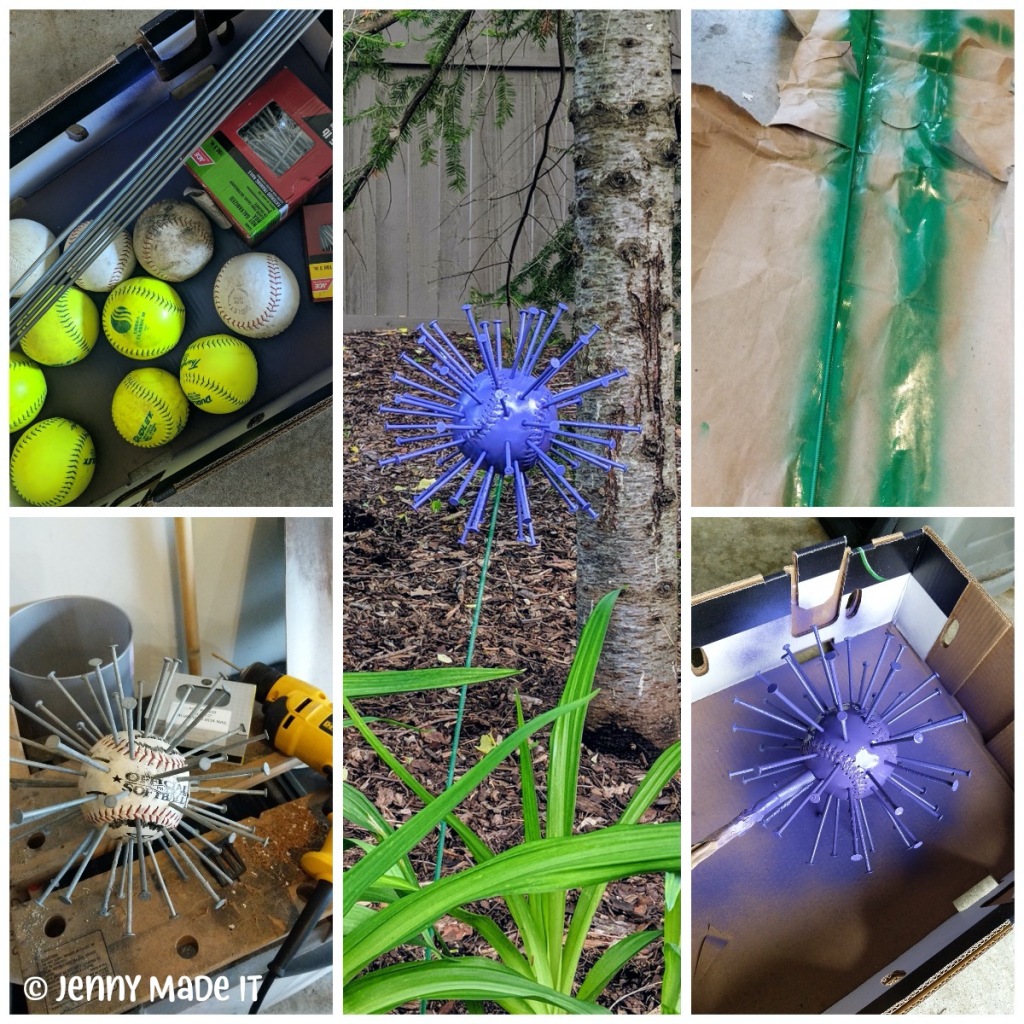 Collage photo of the process of making a giant garden allium and a finished one
