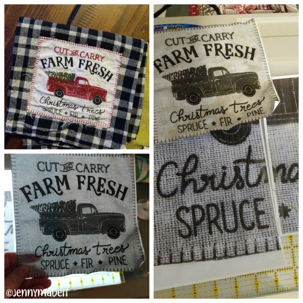 Photo collage of a seasonal dishtowel with a red truck design, and photocopies of the image used to enlarge it.